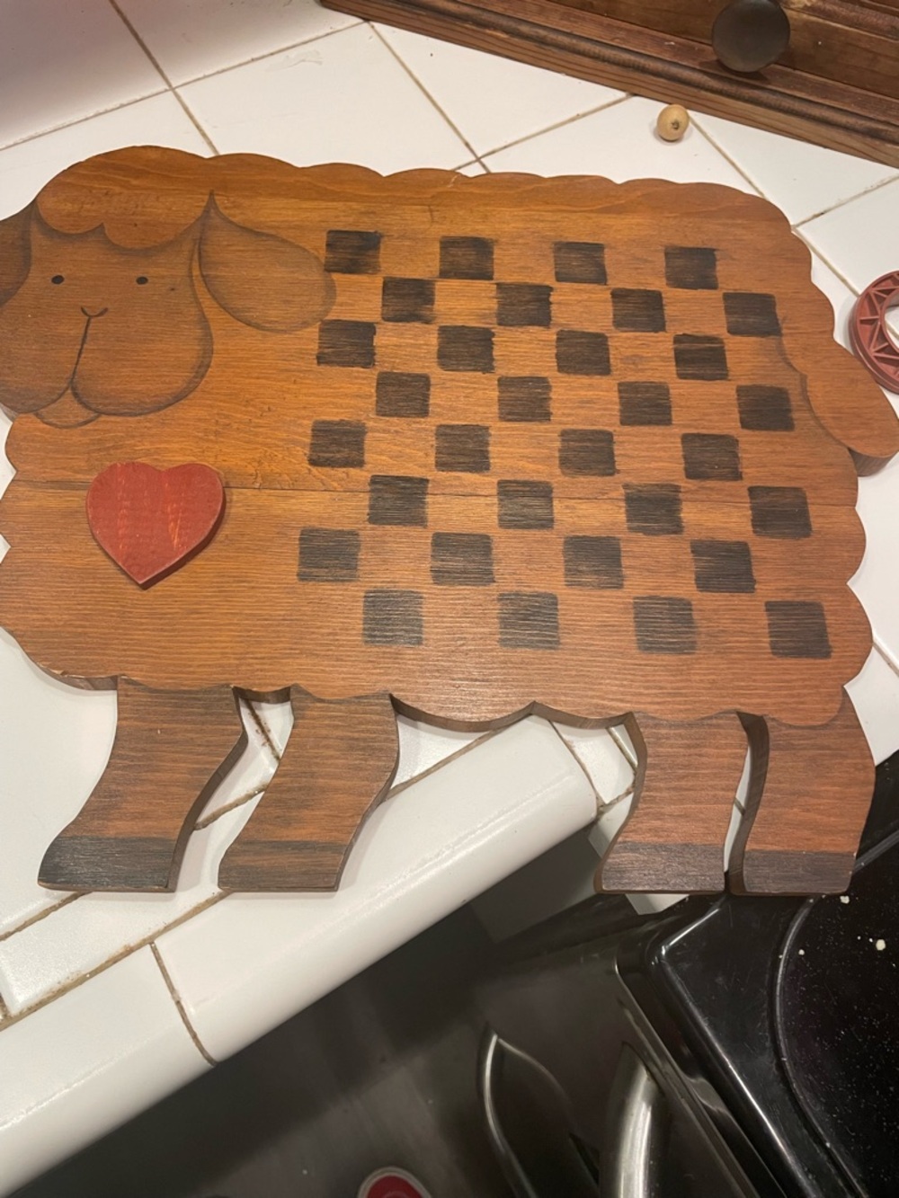 Wooden Sheep Checkers Board Game - Brown with Red Heart